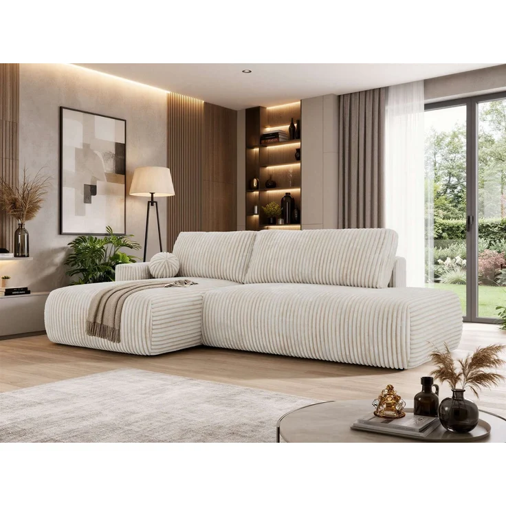 Ecksofa TAREN L mit Schlaffunktion, Bettkasten, DL-Mechanismus, Wellenfederung und freistehendem, Sofa mit Stauraum - Beige Cord - Links – Bild 1