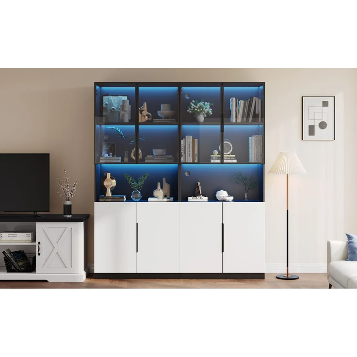 Moderne minimalistische Vitrine mit Glastüren, Vitrine mit LED-Leuchten, Bücherregal für Sammlerstücke, einstellbare Farbtemperatur und Helligkeit, weiße Türen mit schwarzer Dekoration, 30*160*200cm--Weiß--30x160x200cm--YOUDENOVA – Bild 10