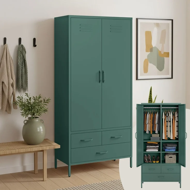 skølm 'Atria' Kleiderschrank mit 3 Schubladen, Metall, 170x45x80 cm, dunkelgrün, Garderobe mit 4 Fächern und 2 Kleiderstangen – Bild 1