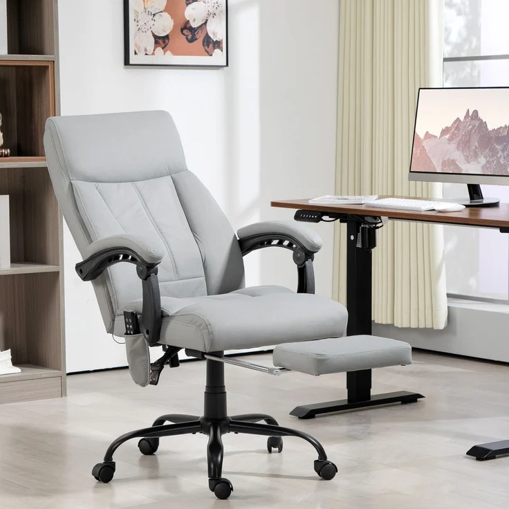MELAYR, Bürostuhl mit Massagefunktion & Heizfunktion, Fußstütze, bis 120 kg, Grau, 65 x 74 x 119 cm, Hellgrau – Bild 4
