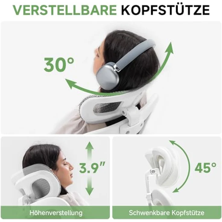 GTPLAYER Bürostuhl Ergonomisch, Schreibtischstuhl mit Verstellbarer Kopfstütze, Armlehnen, Lendenwirbelstütze, Büro Stuhl & Gaming Stuhl Wippfunktion, Chefsessel aus Mesh, 150kg(Weiß) – Bild 6
