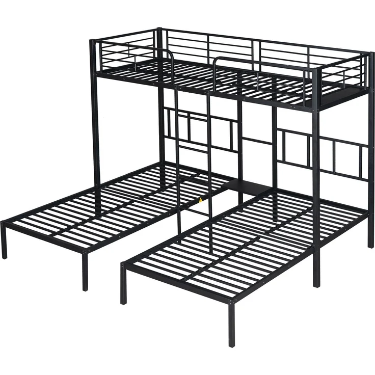 Bett 90x200 cm Dreifach-Etagenbett aus Metall mit Leiter und Fallschutz, ohne Matratze – Bild 9