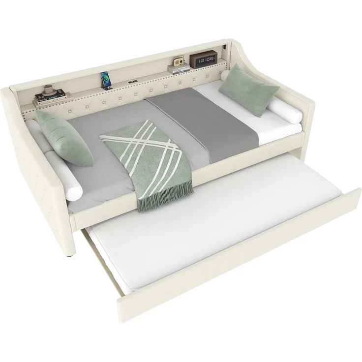 Polsterbett 90×200 cm aus Leinen-Stoff mit LED-Beleuchtung, USB-Anschluss und Ausziehbett, beige – Bild 5