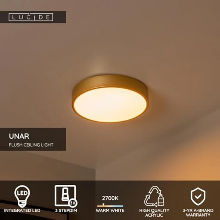 LUCIDE UNAR Deckenleuchte Ø 30 cm, LED 3 StepDim 1x18W 2700K, mattes Gold/Messing – Bild 3