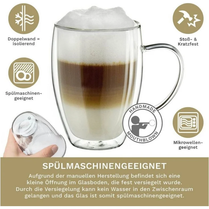 Creano Teeglas Thermoglas “hoch” mit Henkel 400ml 6er-Set, Borosilikatglas, 6 Gläser – Bild 2