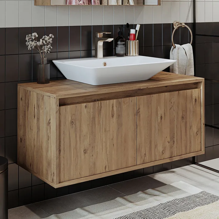 Roomart ATLANTIC-100 Badmöbel Set– 2-teiliges Badezimmermöbel Set - Waschbecken mit Unterschrank - H 45 x B 45 x T 100 cm • Eiche