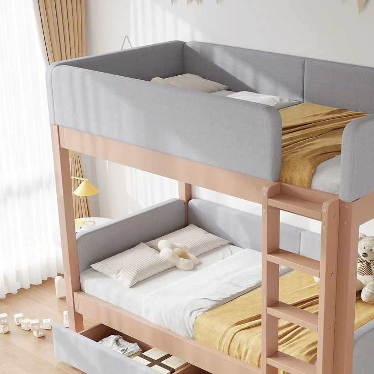 Etagenbett mit gepolstertem Rausfallschutz und Schubladen, 90x200cm, Kinderbett mit Trittleiter und Lattenrost, Massivholz – Bild 5