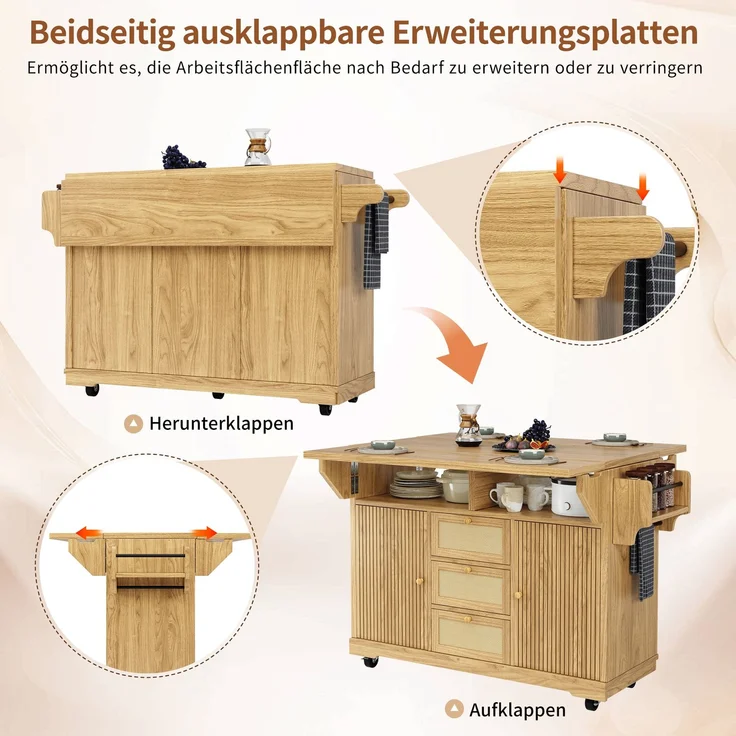 Küchenwagen B 142,5 x T 80 x H 95 cm, klappbar und erweiterbar, aus MDF mit PE-Rattan – Bild 7