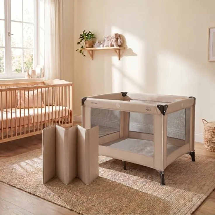 DERYAN Laufstall Baby 100x100cm, Laufgitter Baby, Laufstall mit atmungsaktivem Netz, Faltbares Kinderreisebett mit Matratze & Tragetasche, Playpen, Kinderlaufstall - Nougat – Bild 5