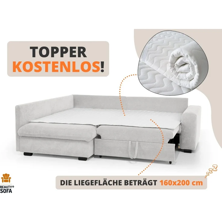 Beautysofa Ecksofa RAMO mit Schlaffunktion 160x200 cm, im Set mit Topper – Bild 3