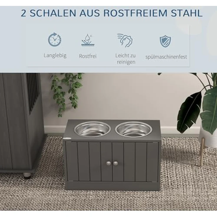PawHut Futternapf Erhöhter Hundenapf, Futternapf mit Stauraum, Wassernapf 2 x 2000ml, Edelstahl, Wassernapf für große Hunde, Grau – Bild 4