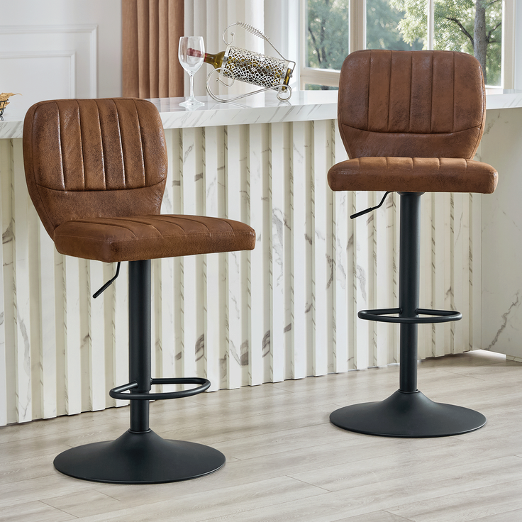 2er-Set Höhenverstellbarer Barhocker 62-83cm, 360° drehbarer Barstuhl mit Rückenlehne & Fußstütze, Ergonomischer Küchenhocker aus Vintage-Kunstleder, belastbar bis 136kg, Braun-Schwarz Industrial Stil--Braun + Schwarz--52x45x51.5cm--YOUDENOVA – Bild 3
