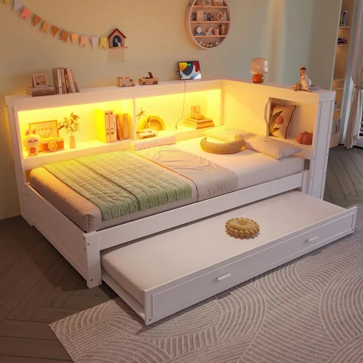 Stauraumbett mit LED-Beleuchtung, Gästebett, Lattenrost, Regal, Steckdose, USB und Type-C Anschluss, 90x200 cm, Einzelbett, Holzbett