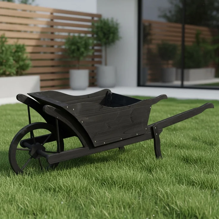 Pflanzschubkarre Holzschubkarre Dekoschubkarre Holz Blumenkarre Pflanzkübel schwarz – Bild 1