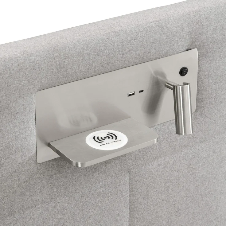 Polsterbett mit LED-Beleuchtung, Wireless Charger und Stauraum, extra breites Kopfteil mit Spots, Type-C und USB Anschlüssen, 180x200 cm, gepolsterter Kopfteil, Doppelbett, Stauraumbett, Leinen – Bild 10