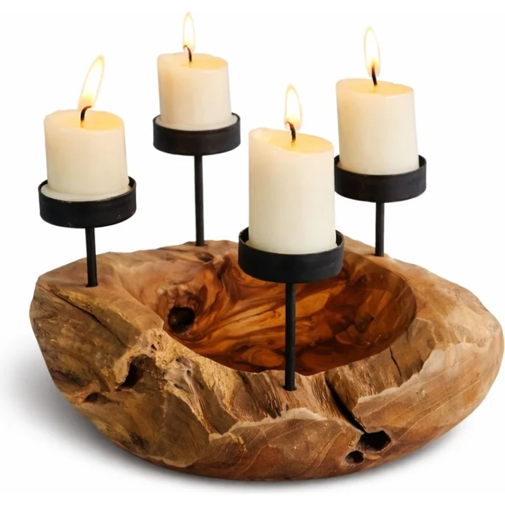 Handgefertigte Kerzenhalterschale PREMIUM 30cm Teakholz Natural Unikat Tischdeko – Bild 5