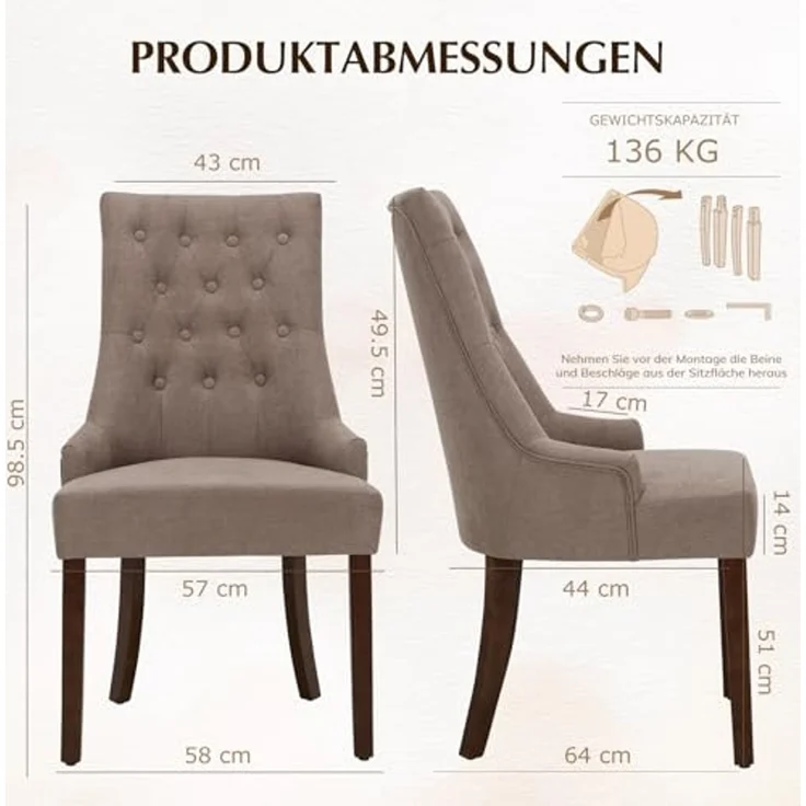 COLAMY Esszimmerstühle 2er Set, Moderne Küchenstuhl Gepolsterte Esszimmerstühle im Wingback, Polsterstuhl Wohnzimmerstuhl mit Knopfsteppung für Esszimmer, Küche, Restaurant mit Holzbeinen, Taupe – Bild 2
