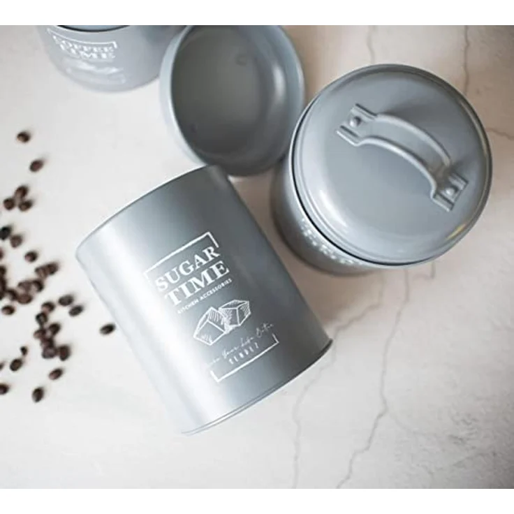 3 Vorratsdosen aus Metall Kaffeedose Teedose Zuckerdose Vorratsgefäß Vorratsbehälter Grau – Bild 3