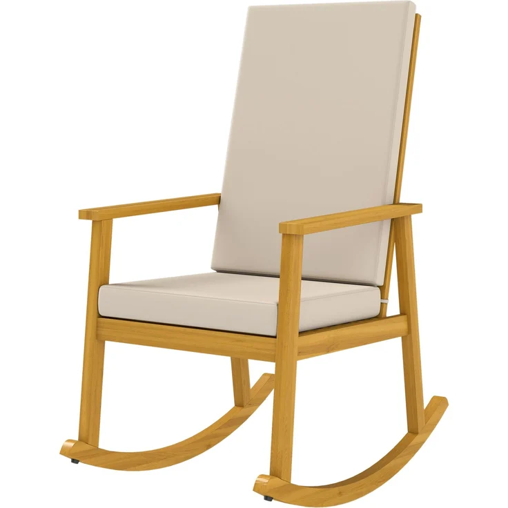Schaukelstuhl aus Akazienholz Schaukelsessel mit hoher Rückenlehne Kissen bis 160 kg 60 x 89 x 107 cm Beige--Beige--107x60x89cm--YOUDENOVA – Bild 2