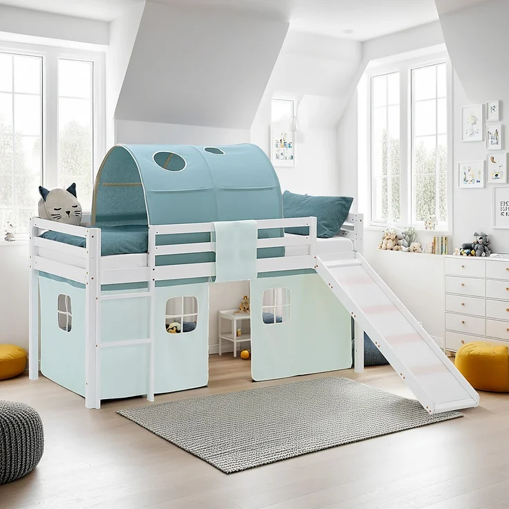 Hochbett Kinder 90x200 cm mit Rutsche Lattenrost Kinderbett Stockbett Vorhang Tunnel Grün Mintgrün Holz Massiv – Bild 9