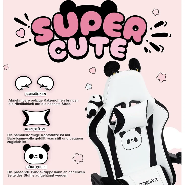 Dowinx Gaming Stuhl - Süße Panda Edition - Ergonomischer Computerstuhl mit Hoher Rückenlehne und Lendenwirbelstütze, PU-Leder, Fußstütze, Panda – Bild 7