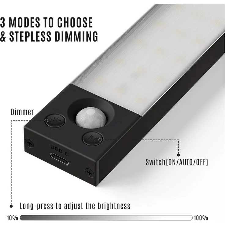 LQWELL LED Unterbauleuchte mit Bewegungsmelder, Dimmbar, Akku, USB-C Wiederaufladbar Schranklicht, LED fest integriert, Treppenlicht Nachttischlampe 22,5 cm, 1500 mAh, für Küche, Kleiderschrank, Schlafzimmer – Bild 1