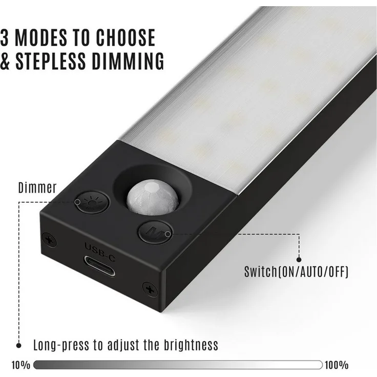 LQWELL LED Unterbauleuchte mit Bewegungsmelder, Dimmbar, Akku, USB-C Wiederaufladbar Schranklicht, LED fest integriert, Treppenlicht Nachttischlampe 22,5 cm, 1500 mAh, für Küche, Kleiderschrank, Schlafzimmer