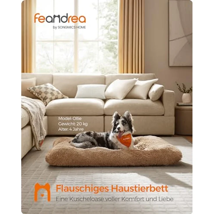 Feandrea Hundebett, Hundekissen, Flauschige Hundematte, Langer Plüsch, 122x74 cm, weiche Polsterung, waschbar, multifunktional, Kamelbraun PGW204K01 – Bild 3