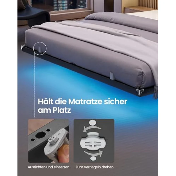 VASAGLE Bettgestell 180x200 cm, schwebender Effekt, LED-Beleuchtung, abnehmbare Steckdosenleiste, 2 AC-Steckdosen, 1 USB-C-Anschluss, 2 USB-A-Anschlüsse, trägt bis 500 kg, tintenschwarz RMB178B101 – Bild 7