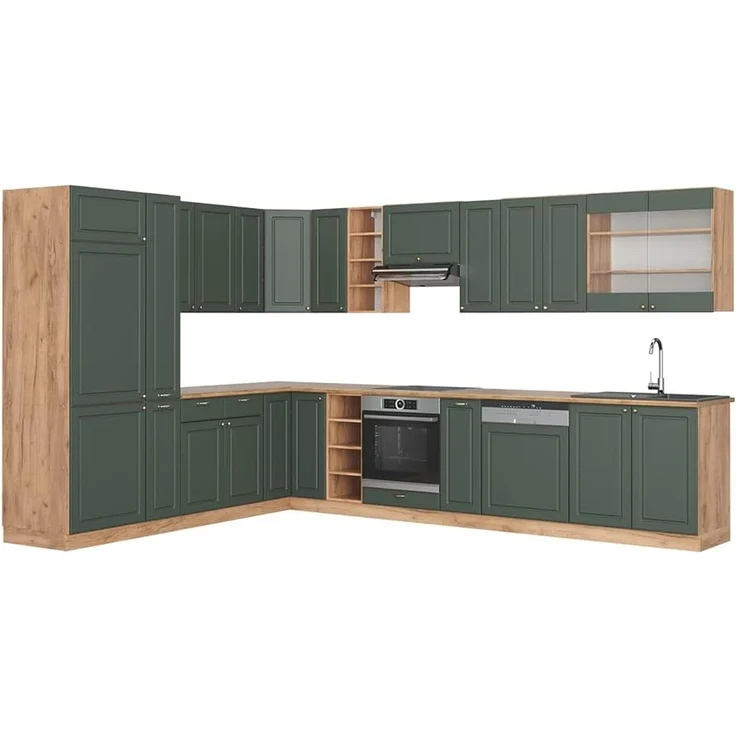 Eckküche Fame-Line Grün-Gold Landhaus/Goldkraft Eiche 347 x 257 cm ohne Arbeitsplatte Vicco – Bild 1
