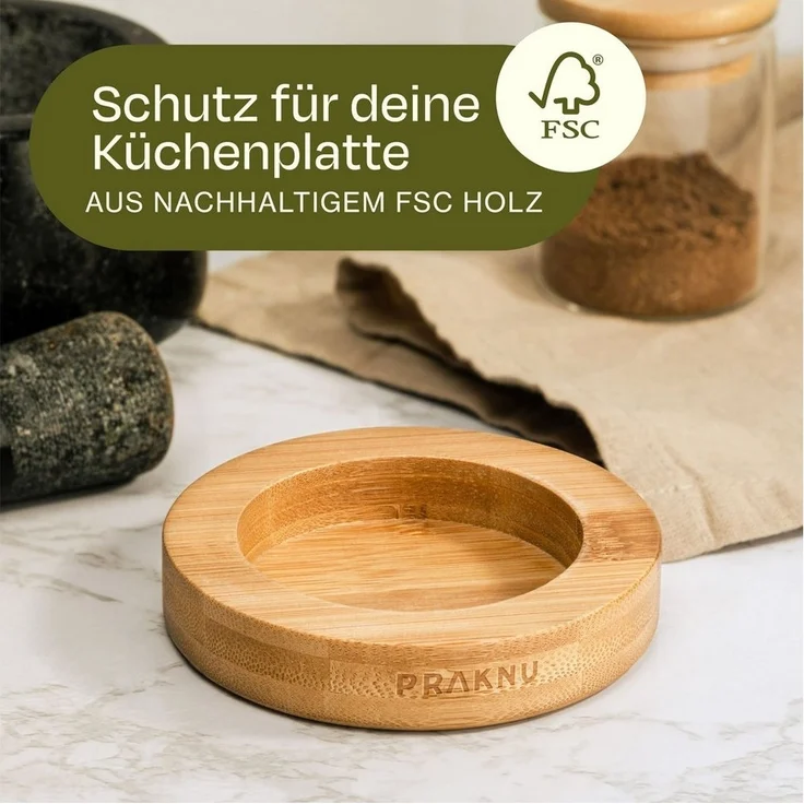 Praknu Mörser Mörser aus Granit klein mit Stößel - Für ein feines Mahlergebnis, Für ein feines Mahlergebnis - Untersetzer aus nachhaltigem FSC Holz – Bild 2