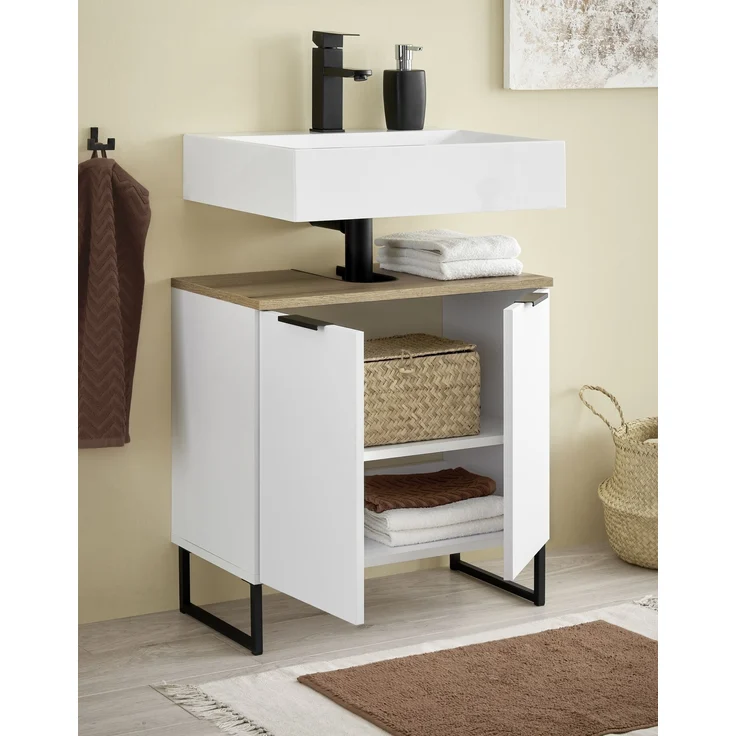 Waschbeckenunterschrank >Denver< 2 Türen, weiß matt / Evoke Eiche dekor - 60x60x35cm (BxHxT) – Bild 6