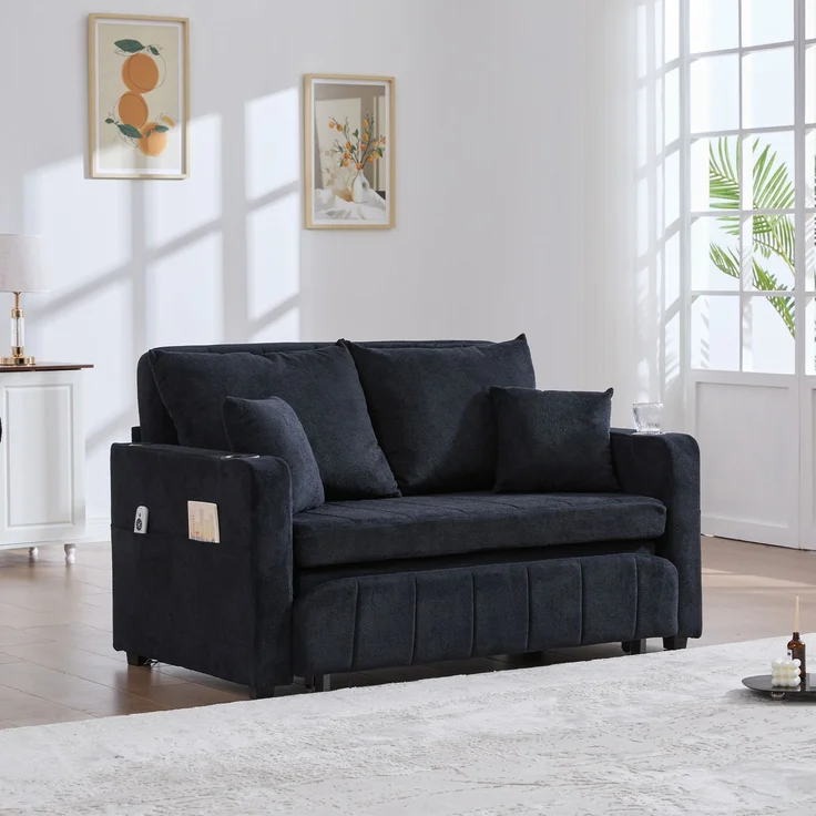 Wohnora-Multifunktionales Stoffsofa, ausziehbares Klappsofa, als Sofa oder Bett nutzbar, mit Aufbewahrungstaschen an den Armlehnen, mit USB-Ladefunktion und Getränkehaltern (schwarzer Chenille),H 83cm x T 139cm x B 73cm,Schwarz – Bild 3