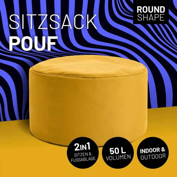 Lumaland Pouf Sitzsack-Hocker Pouf rund Cord 50l senfgelb, supersofte Füllung EPS-Perlen – Bild 2