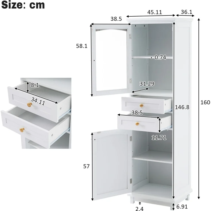 Badezimmerschrank 45 x 36 x 160 cm in Weiß mit Glastür, Schubladen und verstellbarem Einlegeboden – Bild 5