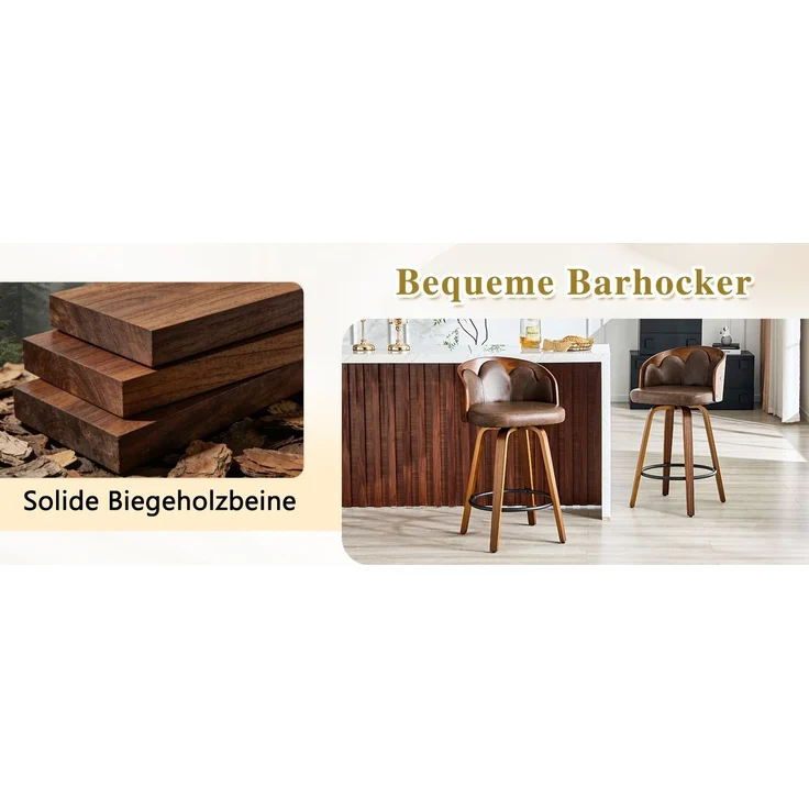 2er Set Barhocker mit Blüten-Rückenlehne, Bugholz, PU-Leder, Metall-Fußstütze, modern--Braun--89x41.5x46.5cm--YOUDENOVA – Bild 5