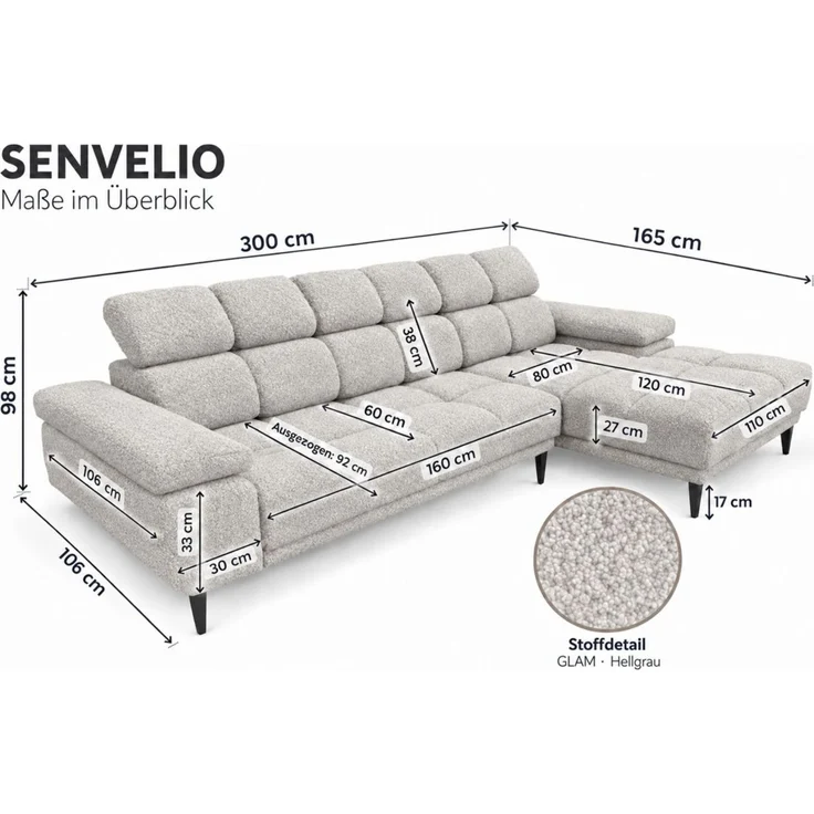 Ecksofa Schlafsofa SENVELIO RELAX inkl. Hocker Stoff Glam Hellgrau Ottomane Rechts – Bild 5