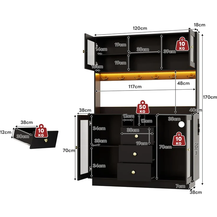 Küchenschrank 120 x 40 x 170 cm in Schwarz mit RGB-LED-Beleuchtung und Schubladen – Bild 5
