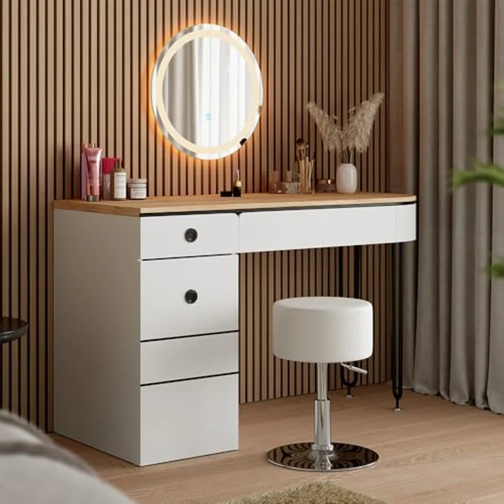 Vichy Schminktisch Mia, Weiss/Naturholz, 120 cm mit LED-Beleuchtung und grosszügigem Spiegel (55 x 55 x 77 cm) – Bild 2