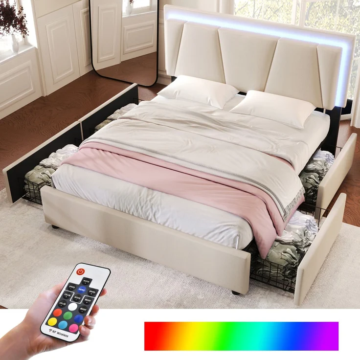 Polsterbett 140×200 cm mit höhenverstellbarem Kopfteil, LED-Beleuchtung, 4 Schubladen, Leinenstoff Beige,inklusive Matratze – Bild 2