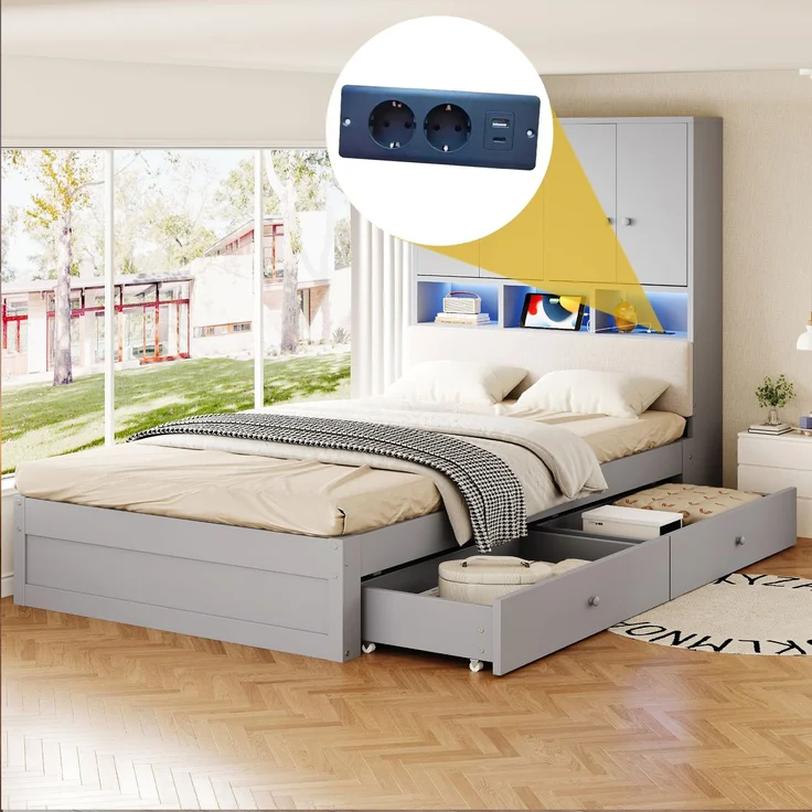 Multifunktionales Holzbett, 90 x 200 cm, mit gepolsterter Rückenlehne, Kopfteil mit Stauraum, Ablagefächern, LED-Beleuchtung und Steckdose, mit Schublade und Lattenrost, Einzelbett, Jugendbett, Grau – Bild 3
