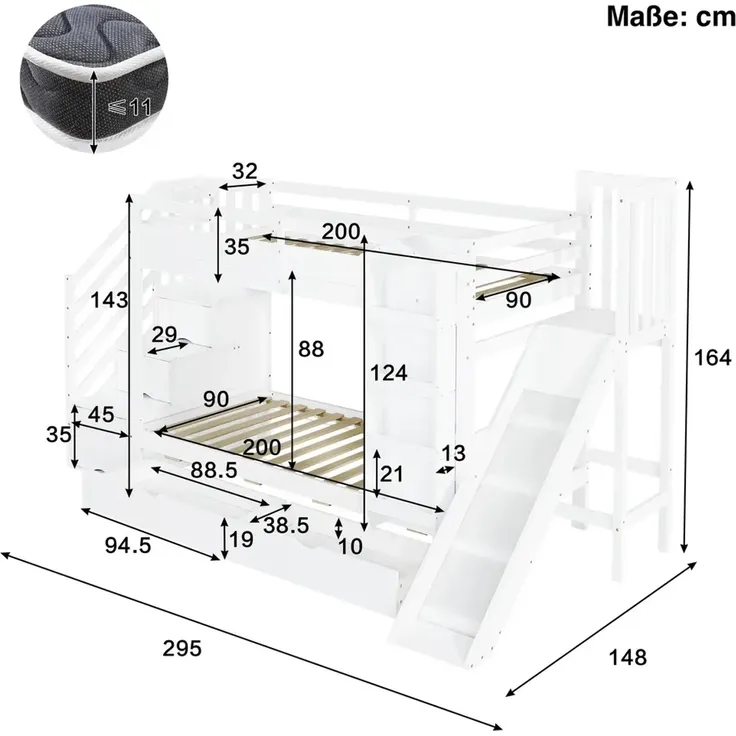 Etagenbett mit 2 Liegeflächen, Rutsche, Treppe, Regal, Schubladen, Stauraum und Rausfallschutz, 90x200cm, Kinderbett, Jugendbett, Kiefer – Bild 5