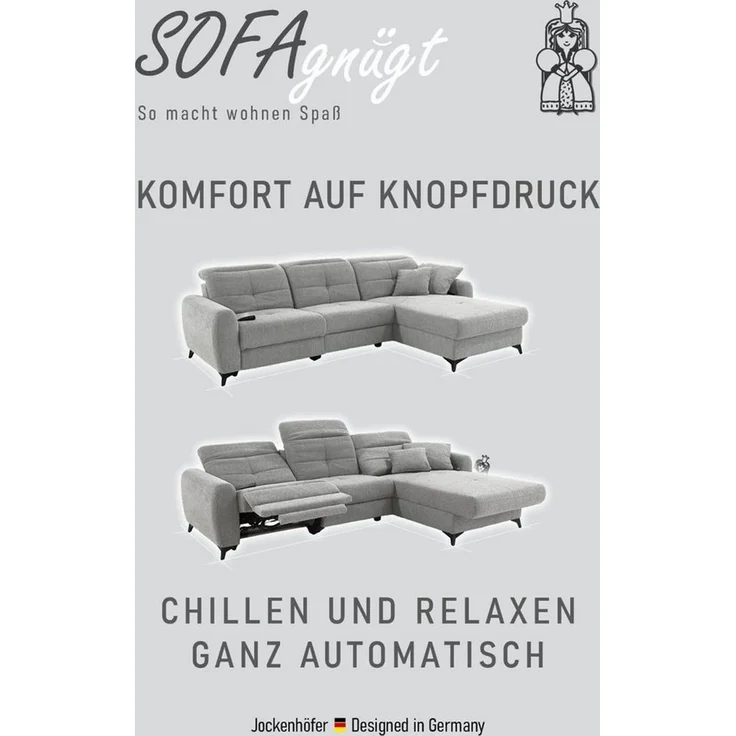 Jockenhöfer Gruppe Ecksofa Chillout L-Form, B: 288 cm, elektr. Relaxfunktion im Sitz und Ottomane, 140kg Belastbarkeit je Sitz, Kopfteilverstellung & Zierkissen – Bild 2