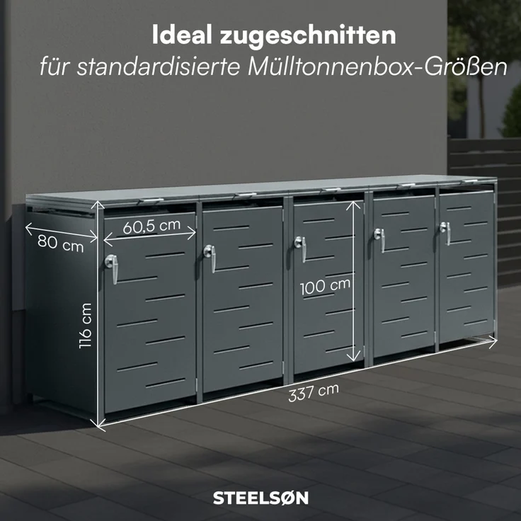 STEELSØN 'Diorus' Mülltonnenbox 5er je 240 Liter, anthrazit, Mülltonnenverkleidung aus Stahl mit Sichtstreifen, wetterfest, 116x80x337 cm, abschließbare Müllbox für 5 Tonnen – Bild 6