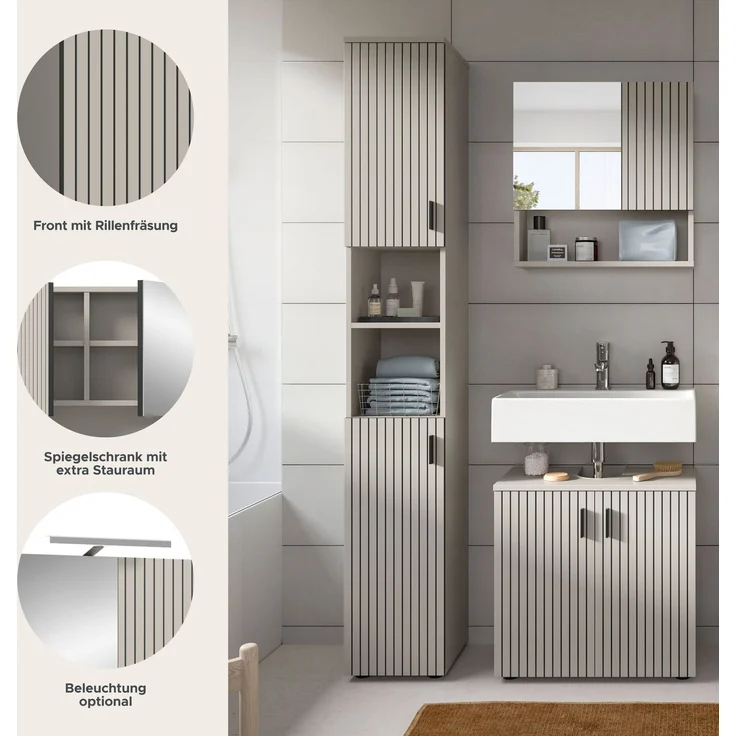 xonox. home – Badkombination Mone 105 x 192 x 30 cm in Kaschmir Nachbildung – 3-teiliges Set bestehend aus Badschrank, Unterschrank & Spiegelschrank – Zeitloses Design für EIN harmonisches Badezimmer – Bild 8