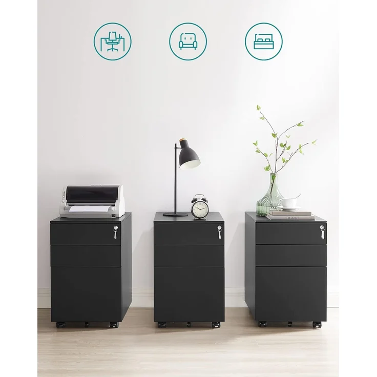Rollcontainer, Aktenschrank, mit 3 Schubladen, vormontiert, abschließbarer Büroschrank mit Hängeregistratur, Stahl, Schwarz, 52 x 39 x 60 cm – Bild 5