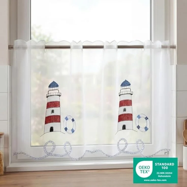 Delindo Lifestyle Scheibengardine LEUCHTTURM (1 St), Stangendurchzug, transparent, Voile, HxB: 45x115, mit Stangendurchzug, für die Küche – Bild 4