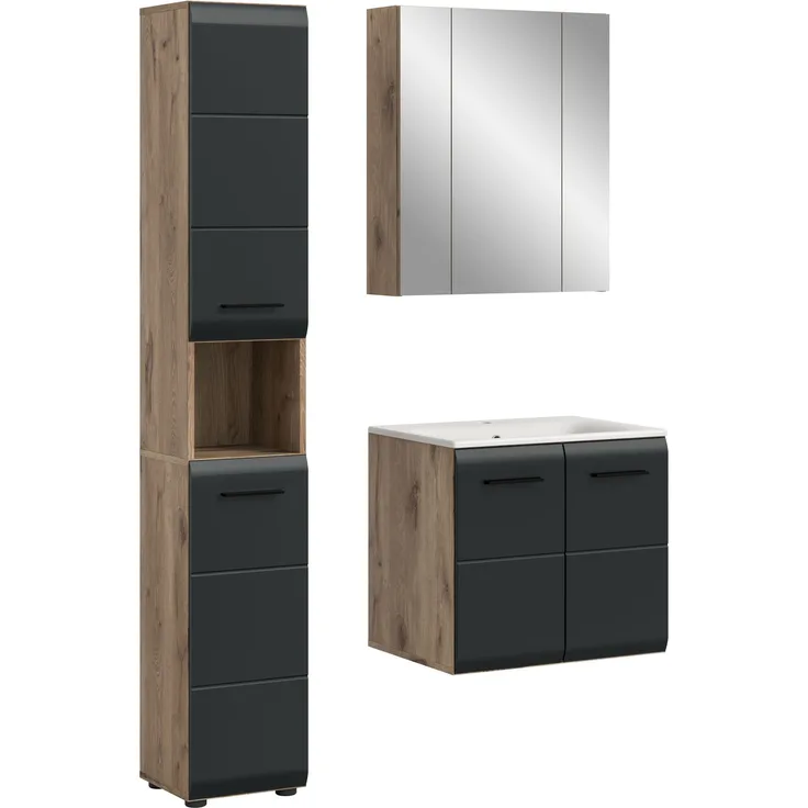 Badkombination (B/H/T: 105x185x46 cm) in schwarz matt und Nox Oak Nachbildung