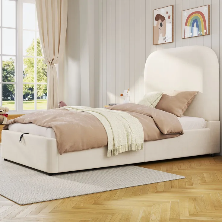 Polsterbett Einzelbett, Kinderbett mit hydraulischem Funktionsbett, Lattenrost, Kopfteil und großem Stauraum, gepolstertes Kopfteil, Samt, beige, 90 x 200 cm
