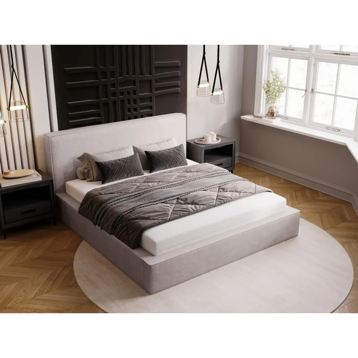 GRAINGOLD Monaco Doppelbett 140x200, Polsterbett mit Bettkasten und Kopfteil, Velour-Stoff, Hellgrau – Bild 3